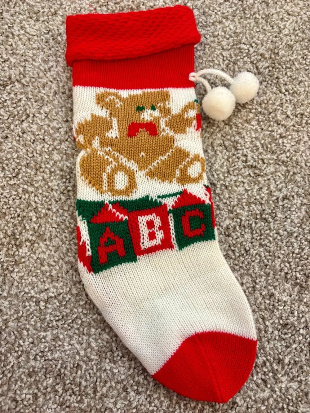Christmas Stocking Vintage Knit Teddy Bear ABC Blocks 13